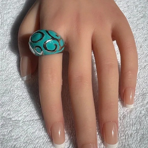 Bold Silver Tone & Enamel Teal Statement Ring, Size 8 - Picture 4 of 10